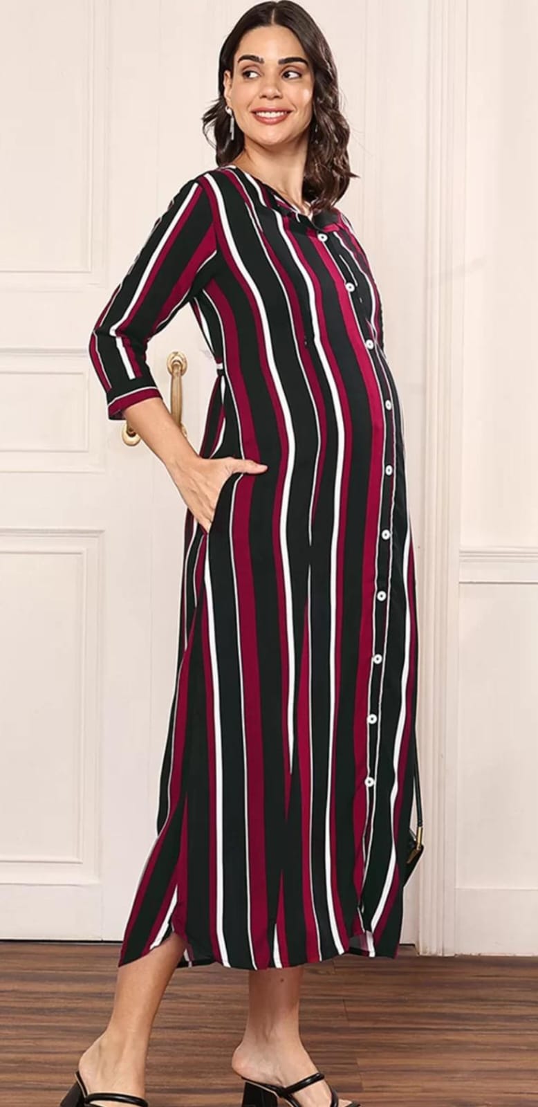 pregnant women wearing maternity A-Line midi dress, V-neck with pockets, and viscose rayon fabric