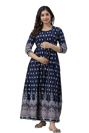 pregnant women wearing navy blue printed maternity Anarkali kurta with ethnic patterns, long sleeves, and comfortable fit, posing gracefully.