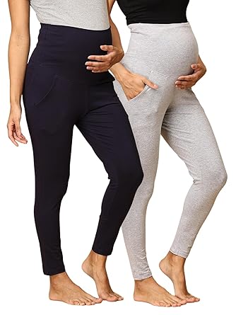 pregnant women wearing stretchable maternity leggings, comfortable soft and pre post pregnancy, and its cotton blend fabric